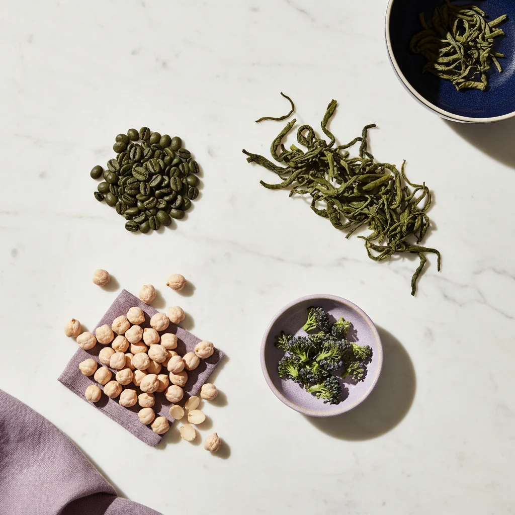 Flat-lay of green coffee beans, green tea leaves, broccoli and chickpeas representing the key botanical ingredients in Slim Coffee Booster