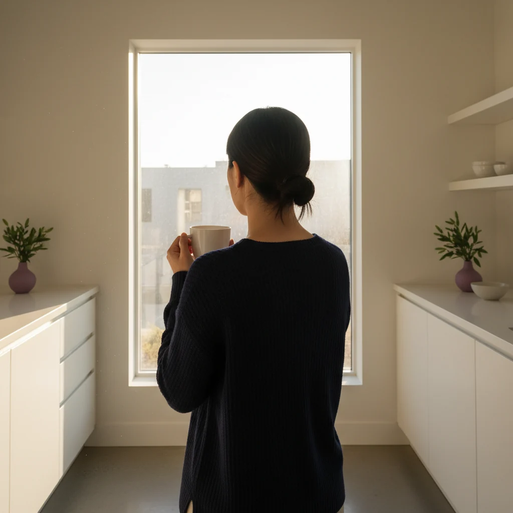 Person from behind enjoying a morning wellness drink in a bright kitchen