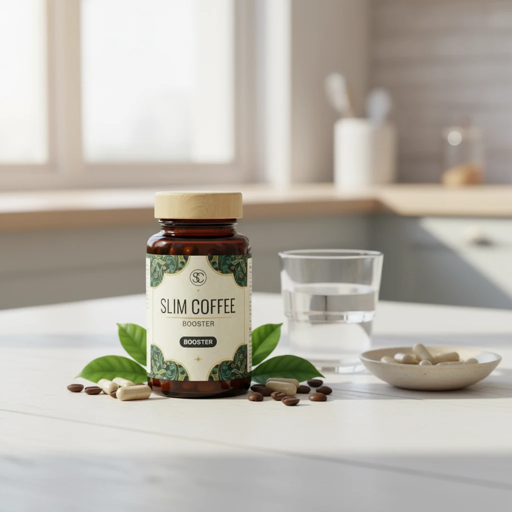 Slim Coffee Booster box in a lifestyle flat-lay with a white ceramic mug and scattered green coffee beans